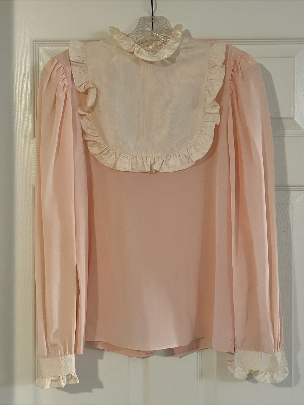 Vintage Hattie Italy 100% Silk Pink Ruffle Bib Blouse